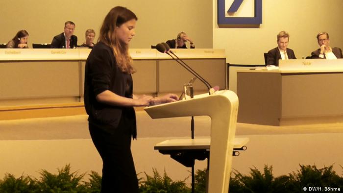 Luisa Neubauer speaks at the annual general meeting of Deutsche Ban in Frankfurt 