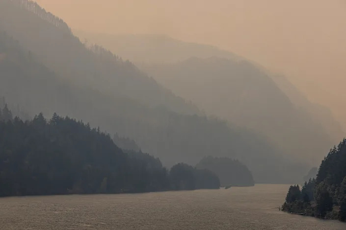 Hazy air above the Columbia River is seen during a heat wave in Hood River, Oregon.